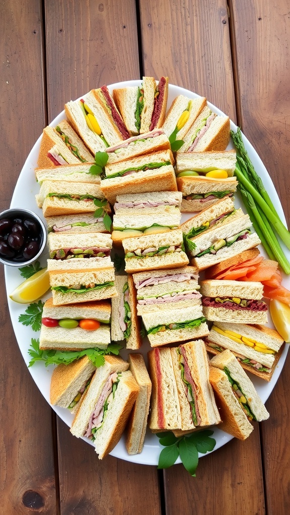 A vibrant sandwich tray with assorted sandwiches, garnished with herbs and olives on a wooden table.